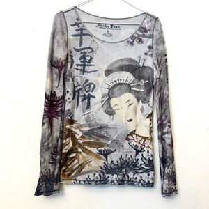 Vintage Lucky Brand Long Sleeve Asian Scene Multicolor Japanese Geisha Girl Top